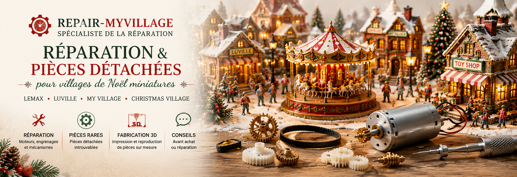 Spécialiste la réparation et des pièces détachées pour village de Noël miniature. Compatible Lemax, Luville, My Village, Fairy Village, Lumineo et autres marques